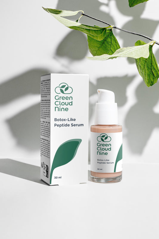 Botox-Like Peptide Serum with box. White pump with Green Cloud Nine logo on a white background with plants