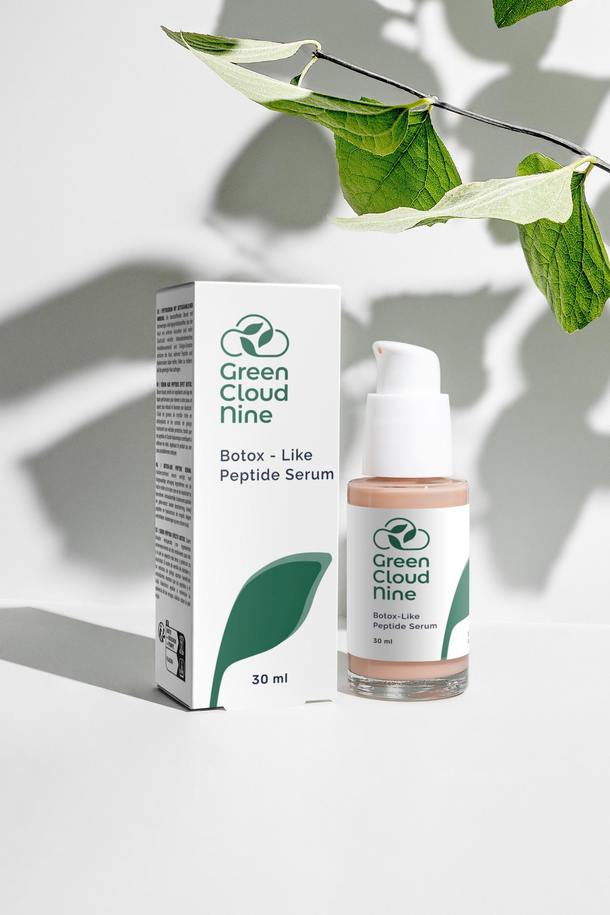 Botox-Like Peptide Serum with box. White pump with green cloud nine logo on a white background with plants