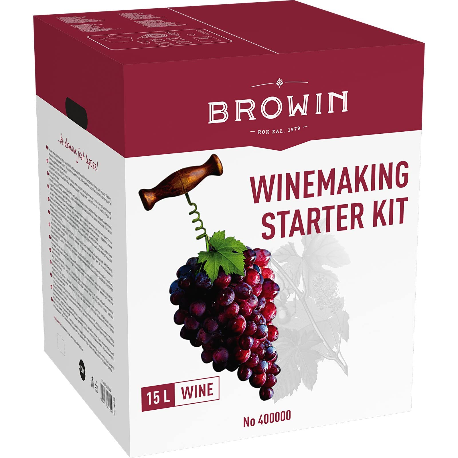 Box of Browin 15L Winemaking Starter Kit with grape illustration, burgundy lid, and eco-friendly gift-ready design