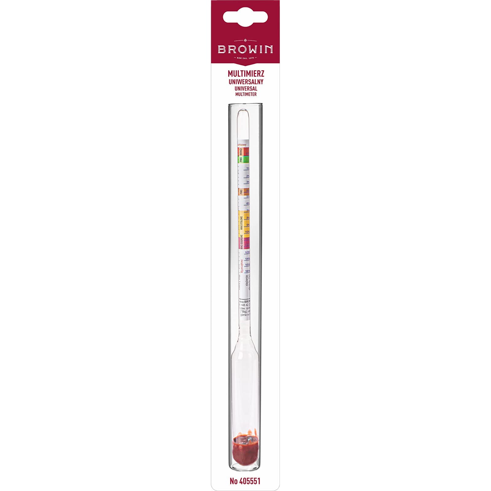 Browin universal glass hydrometer for wine and beer brewing, packaged vertically in a transparent sleeve with color-coded scale.