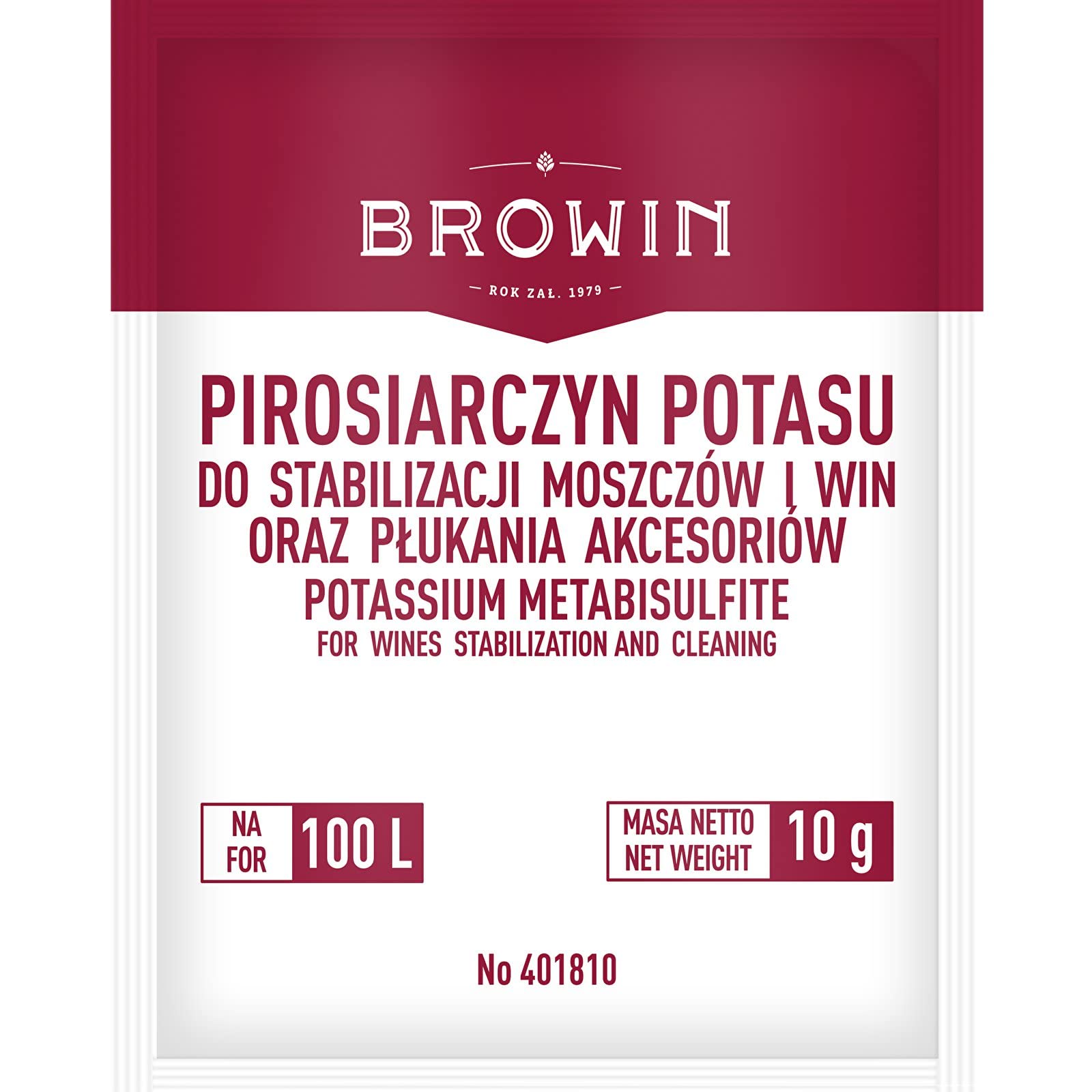 White packet labeled "Potassium Metabisulfite" by Browin for wine making starter kit