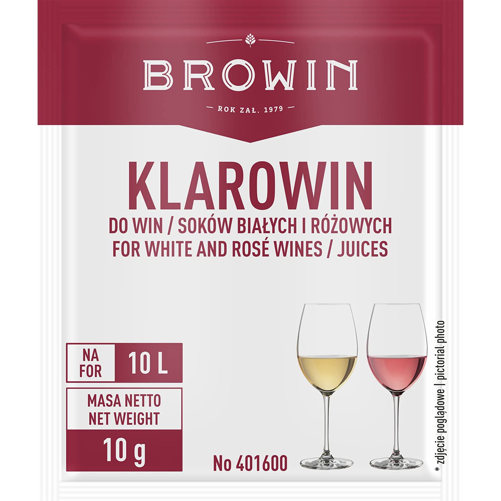 Browin yeast nutrient sachet for winemaking, 10g pack for 25L fermentation, featuring a wine bottle and plaid cloth on the label.