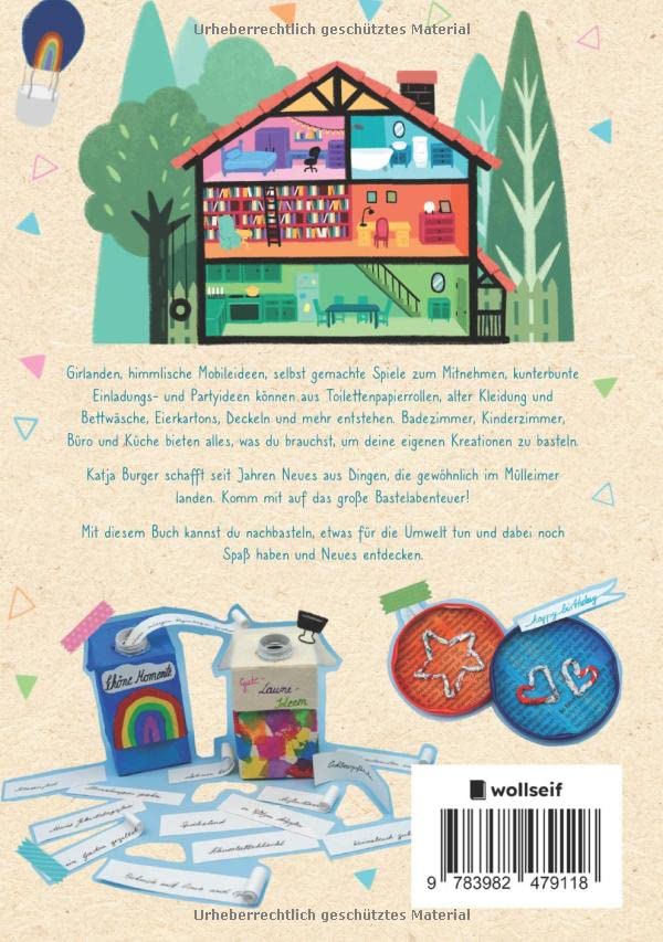 Illustriertes Buchcover mit farbenfrohem Haus, Bäumen und Schreibwaren auf beigem Hintergrund
