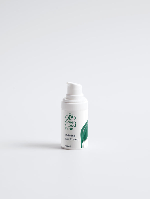 Calming Eye Cream 15ml in a white pump bottle with Green Cloud Nine Logo