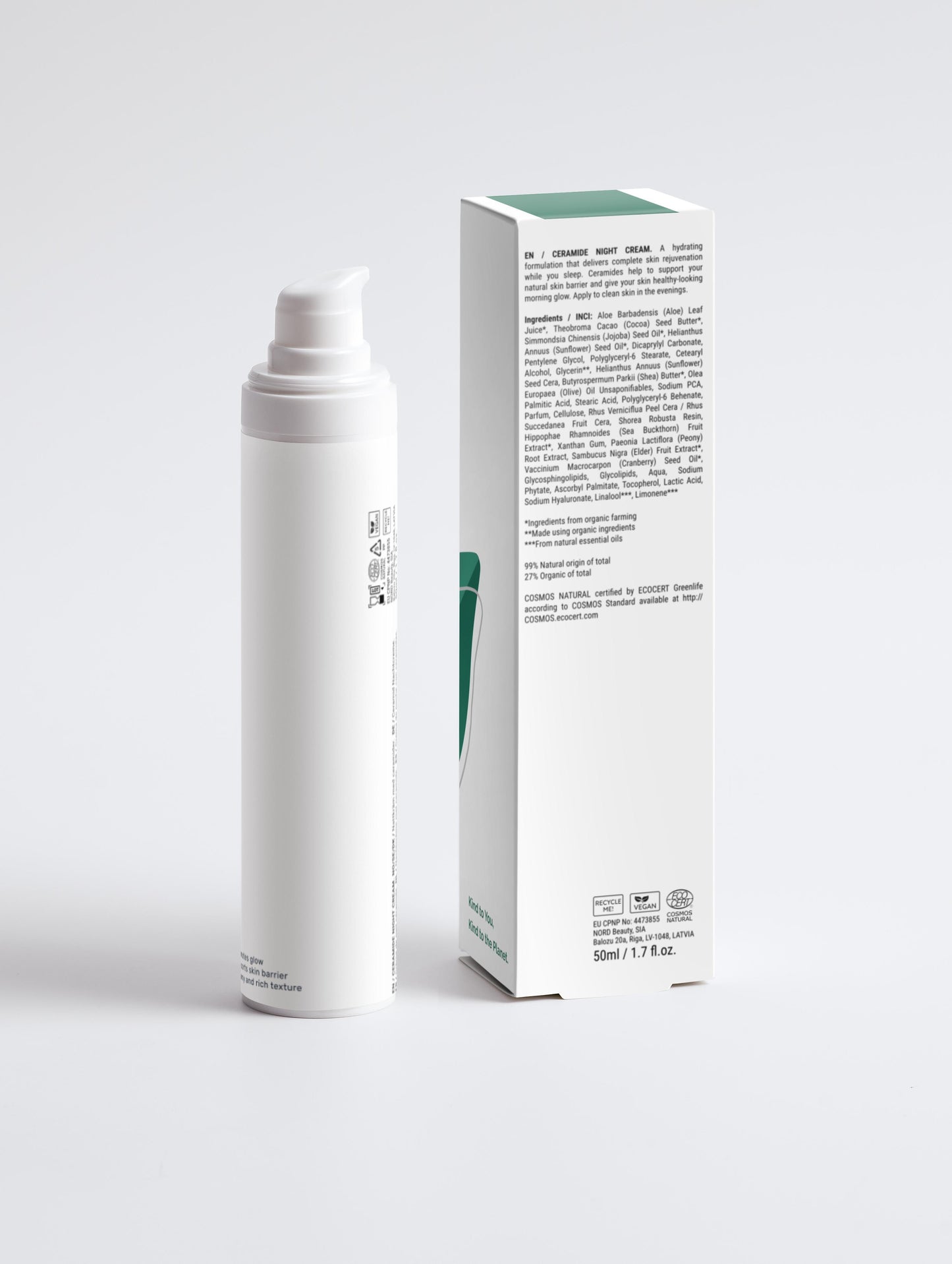 Ceramide Night Cream with box back in a white pump bottle with Green Cloud Nine Logo, on a white background