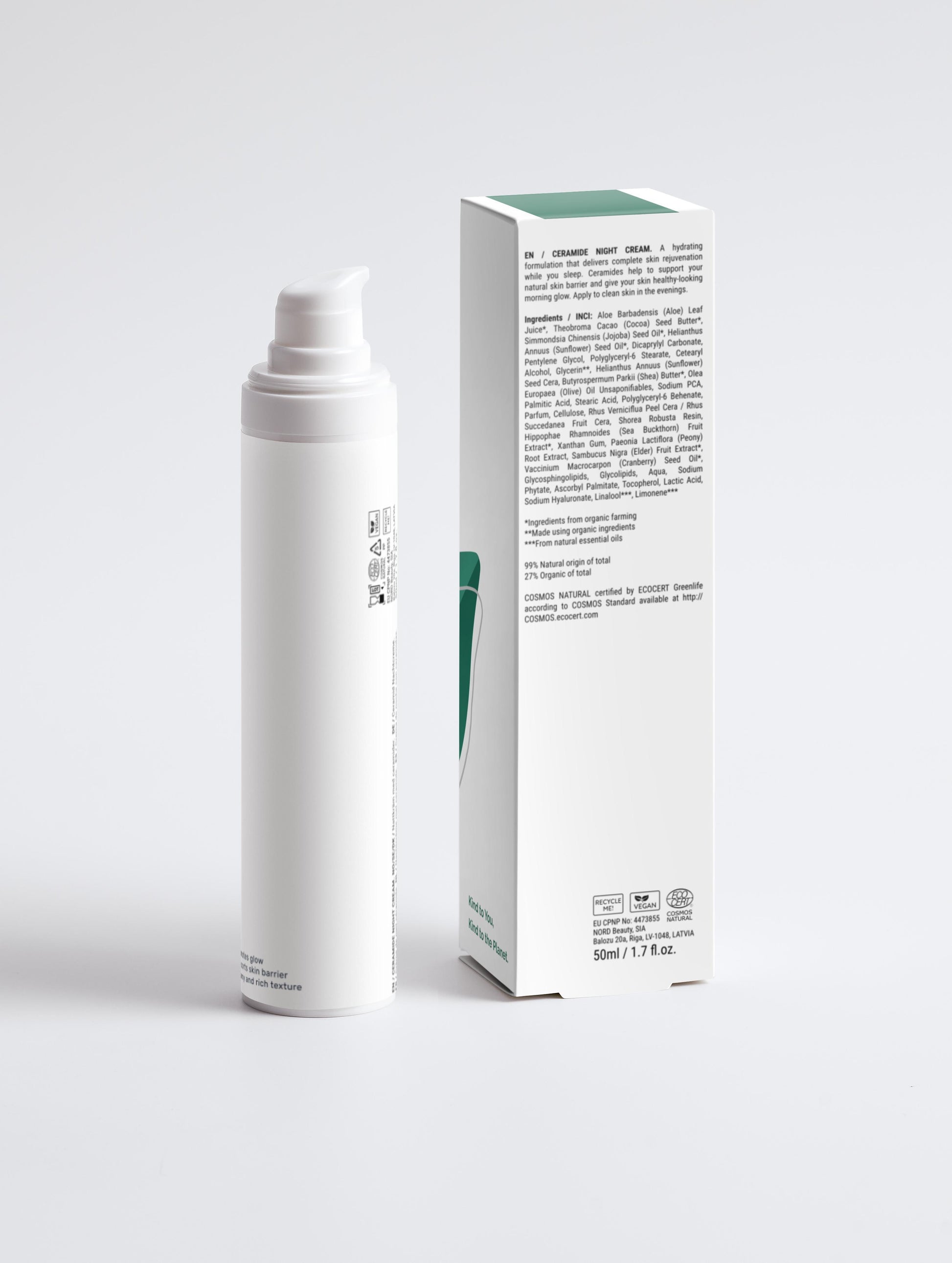 Ceramide Night Cream with box back in a white pump bottle with Green Cloud Nine Logo, on a white background