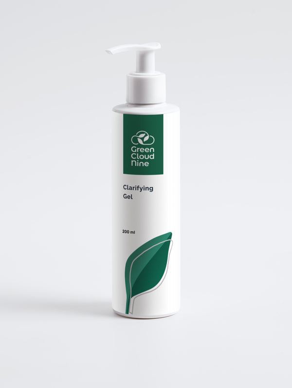 Clarifying Gel 200ml in a white pump bottle with Green Cloud Nine Logo on a white background
