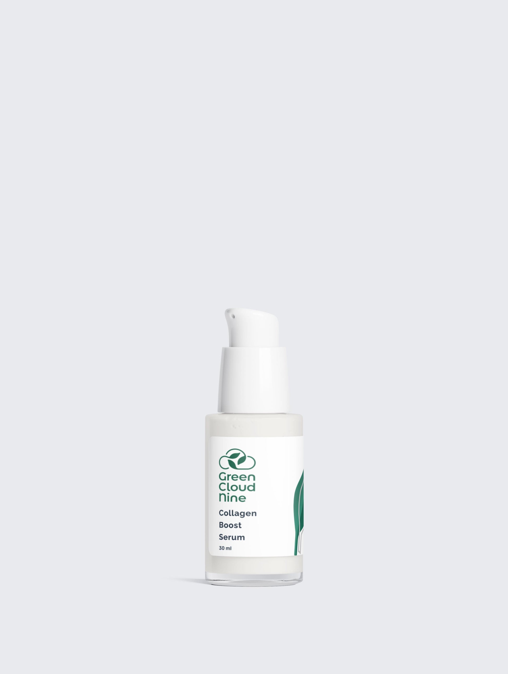 Collagen Boost Serum 30ml in a white pump bottle with Green Cloud Nine Logo on a white background