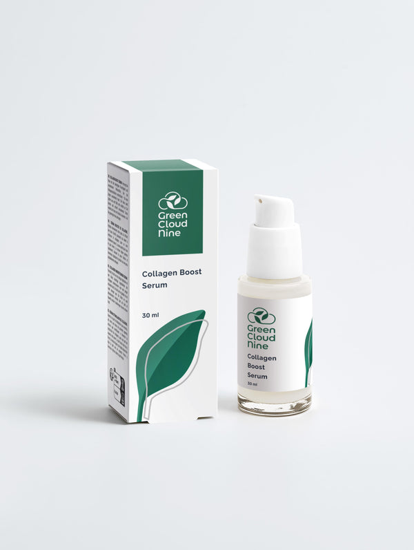 Collagen Boost Serum with box in a white pump bottle with Green Cloud Nine Logo on a white background