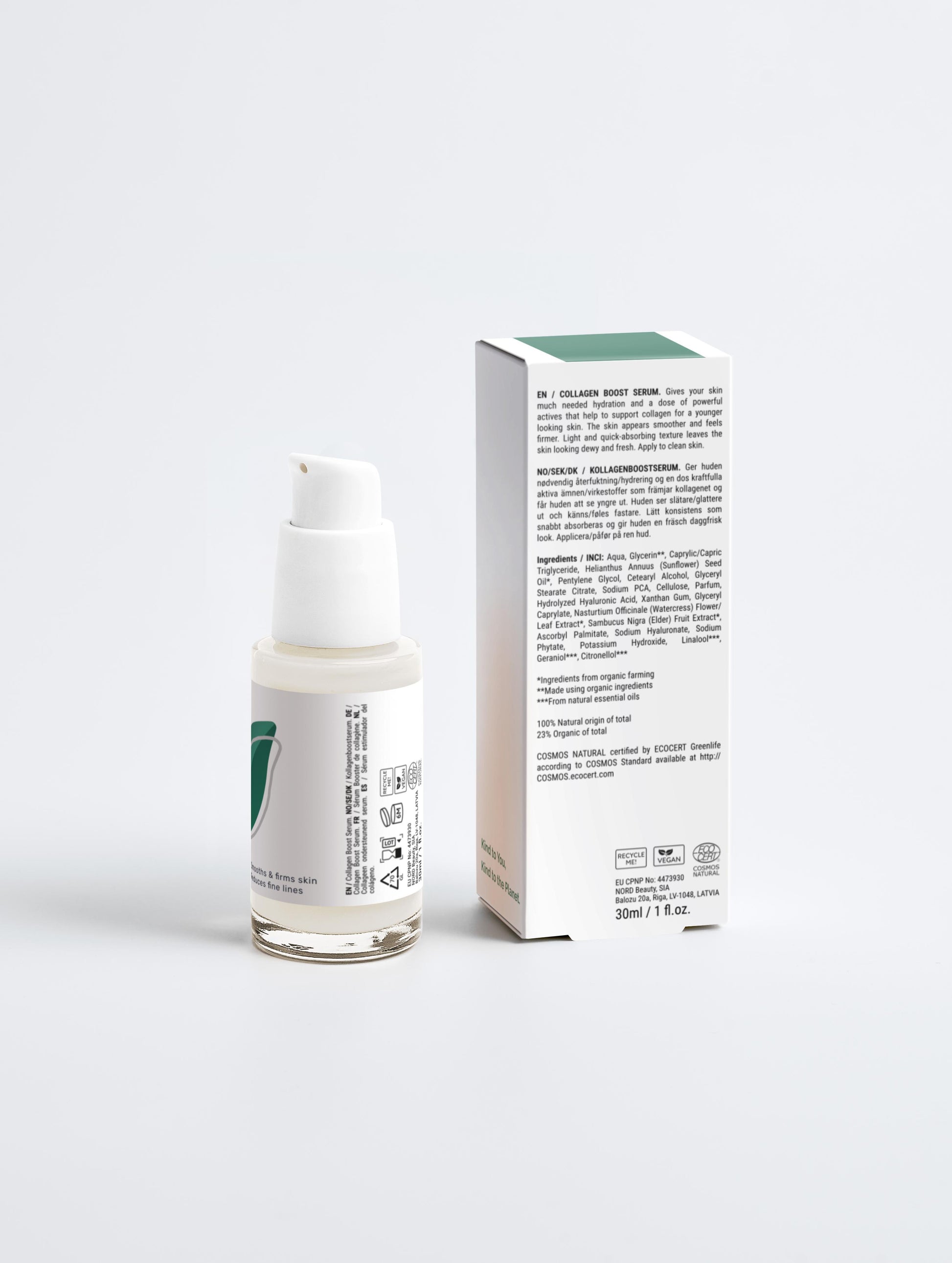 Collagen Boost Serum with box back in a white pump bottle with Green Cloud Nine Logo on a white background