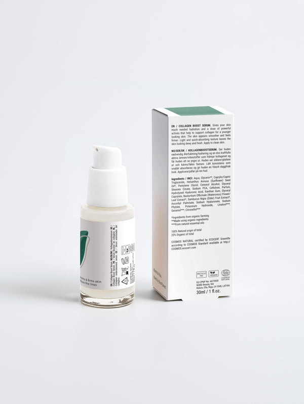 Collagen Boost Serum with box back in a white pump bottle with Green Cloud Nine Logo on a white background