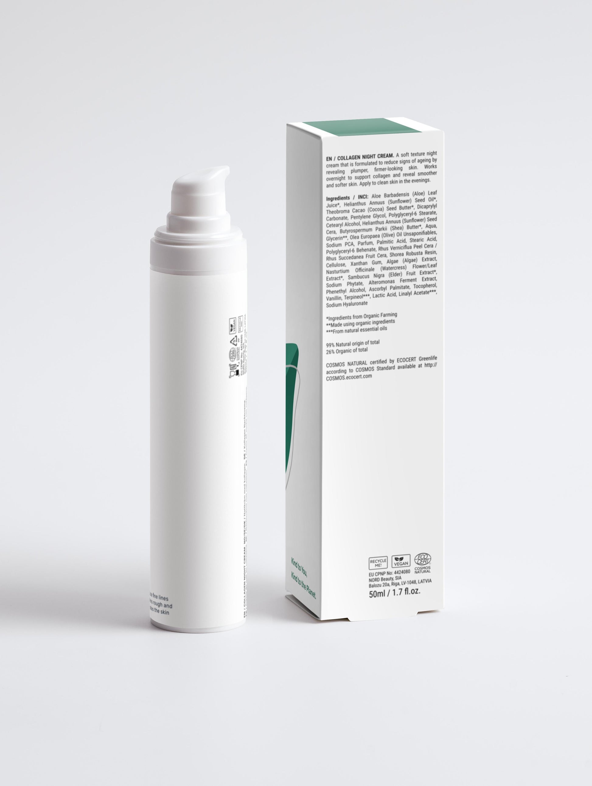 Collagen Night Cream with box back in a white pump bottle with Green Cloud Nine Logo, on a white background