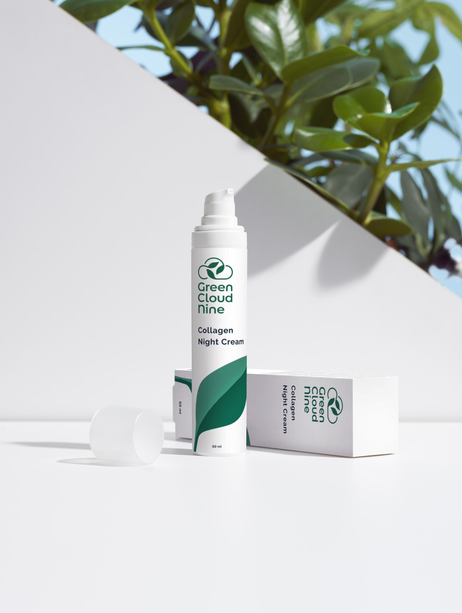 Collagen Night Cream with box. White pump with green cloud nine logo on a white background with plants