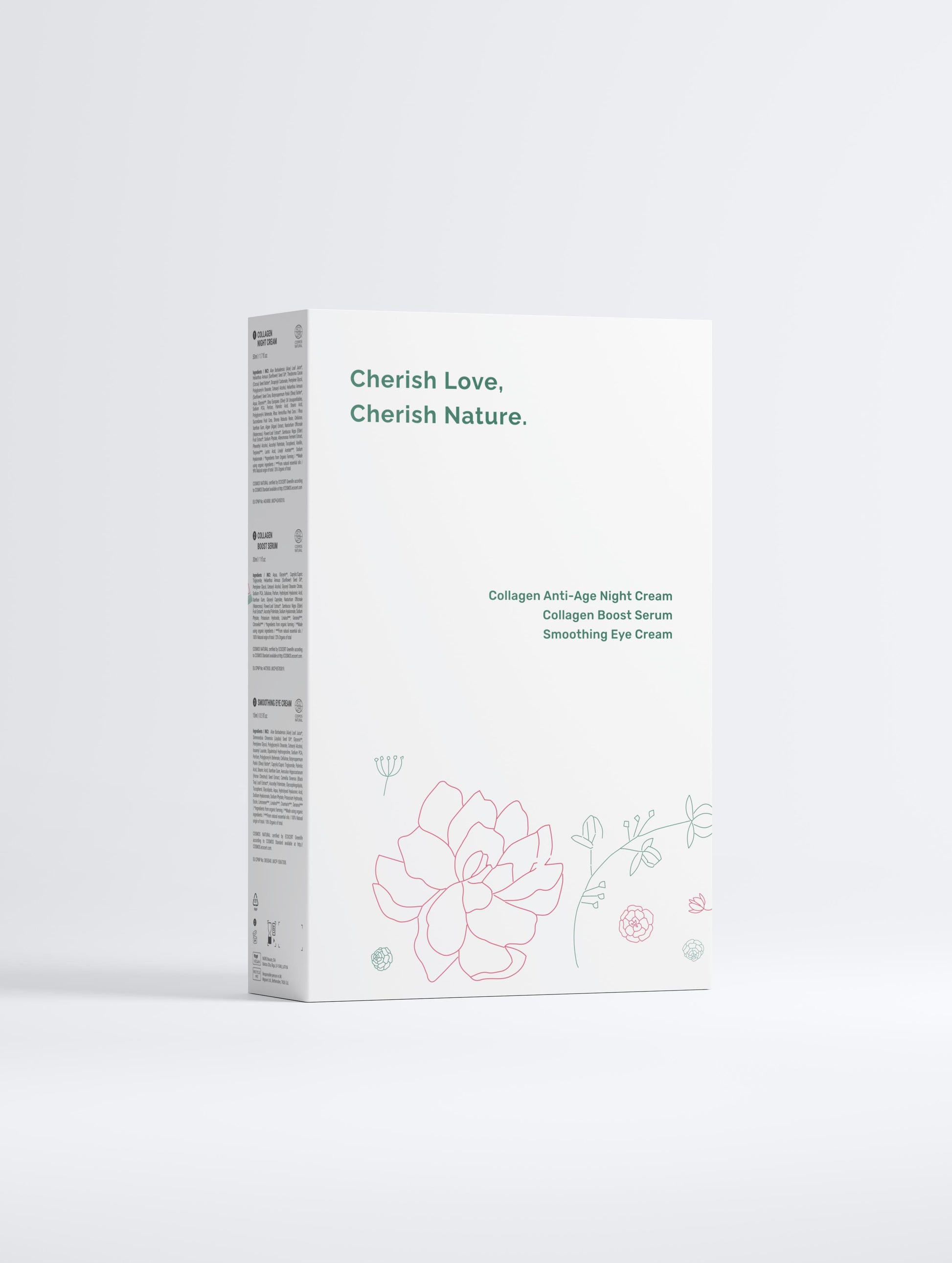 Collagen Night Routine Collection box, with Green Cloud Nine logo, flowers and green leaf. The product is displayed on a white background (back)
