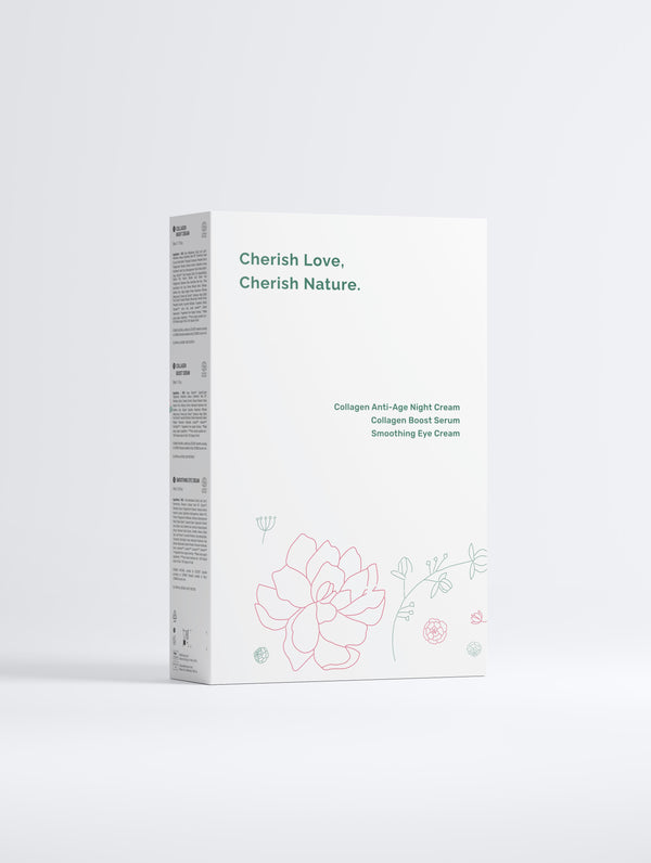 Collagen Night Routine Collection box, with Green Cloud Nine logo, flowers and green leaf. The product is displayed on a white background (back)