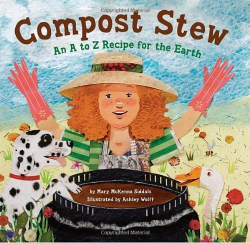 Book cover of 'Compost Stew' with a cartoon character holding a compost bin and animals.