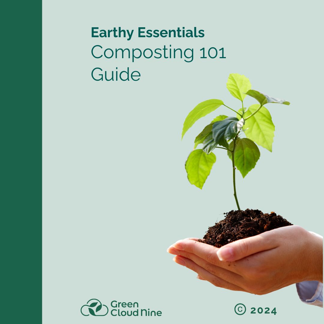 Hands holding soil with a small green plant, promoting eco-friendly composting by Green Cloud Nine.