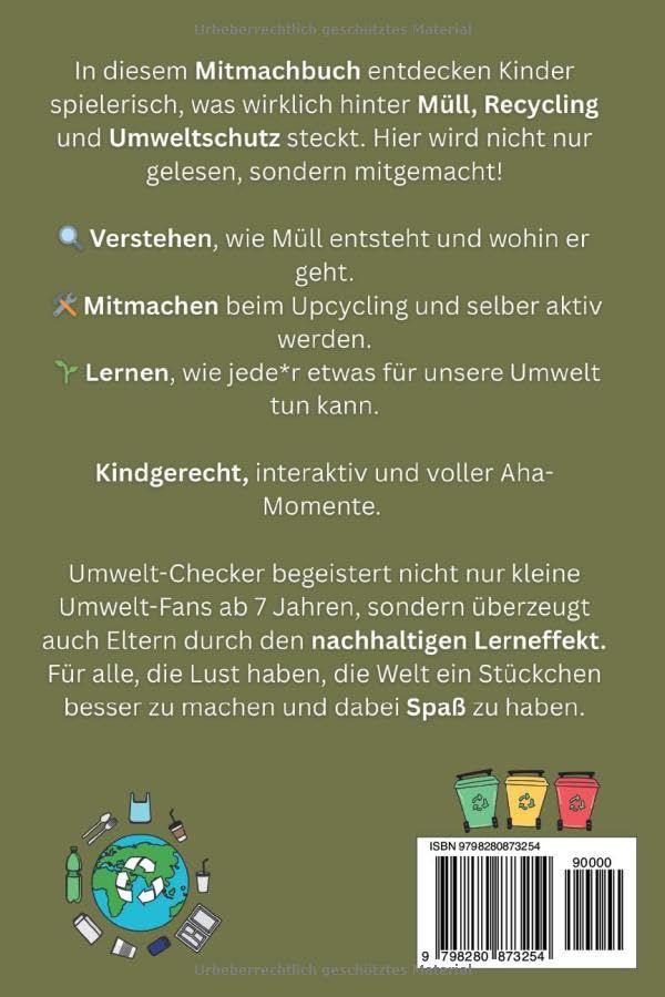 Back cover of a book with text about environmental education for children, featuring illustrations of recycling bins and a logo.