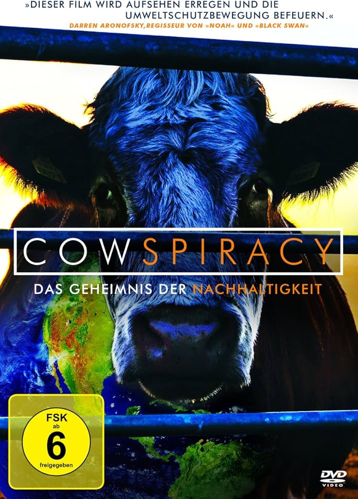 Cowspiracy: The Sustainability Secret documentary cover featuring a close-up of a cow behind metal bars