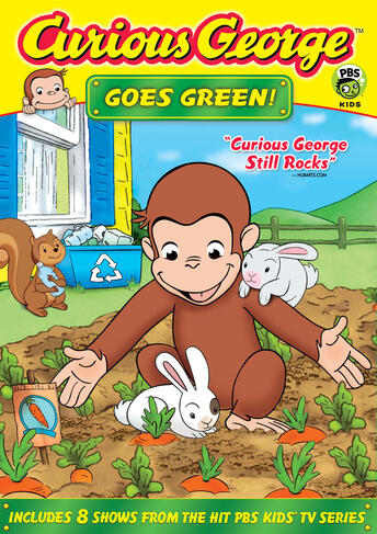 Curious George book cover with George, a squirrel, and a rabbit in a garden setting.