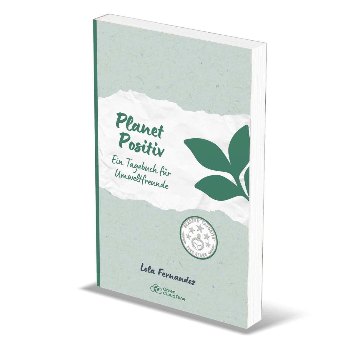 Book titled 'Planet Positiv' with green leaf design on a white background