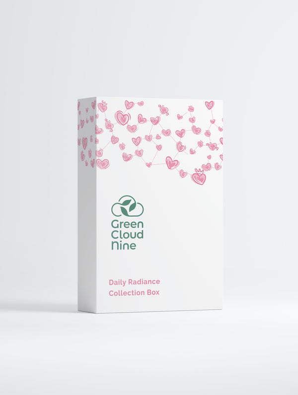 White box with pink heart patterns and 'Green Cloud Nine' branding on a light gray background (front)