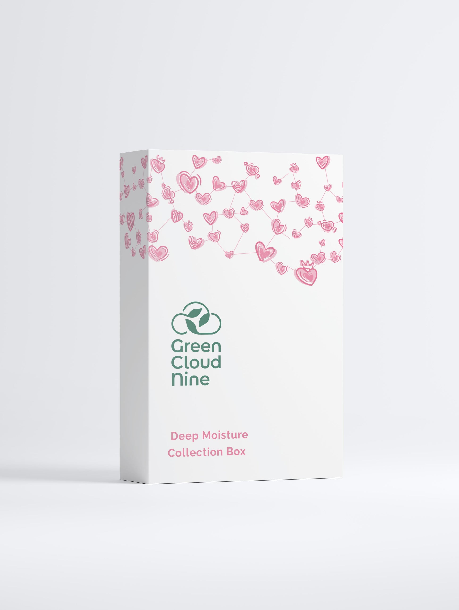 White box with pink heart patterns and 'Green Cloud Nine' branding on a white background