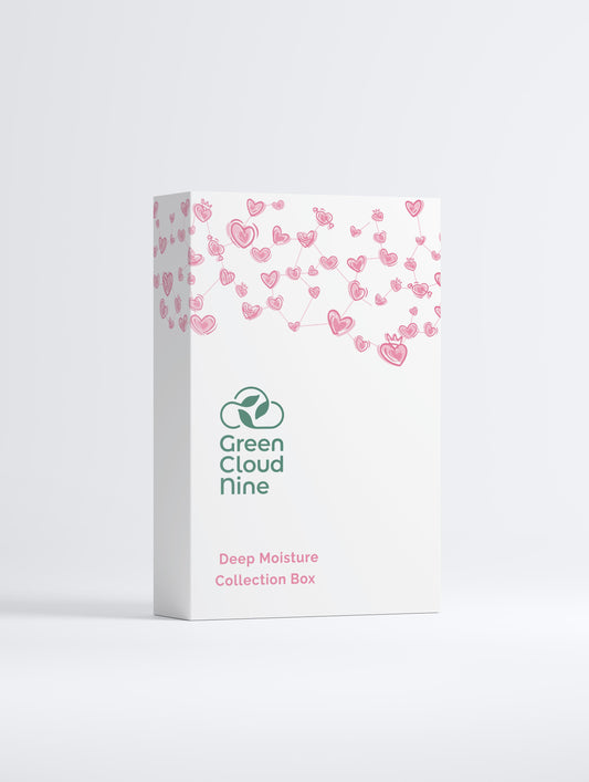 White box with pink heart patterns and 'Green Cloud Nine' branding on a white background