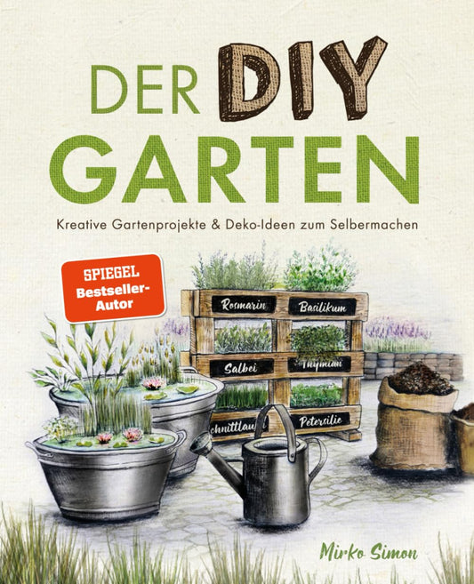 Book cover of 'Der DIY Garten' with gardening-themed illustrations and text.
