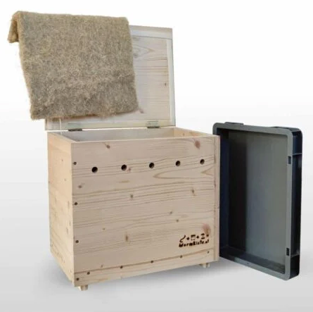 Open wooden worm composter box with lid lifted, showing insulating mat and removable tray, ideal for indoor composting