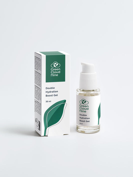 Double Hydration Boost Gel with box back. White pump with green cloud nine logo 