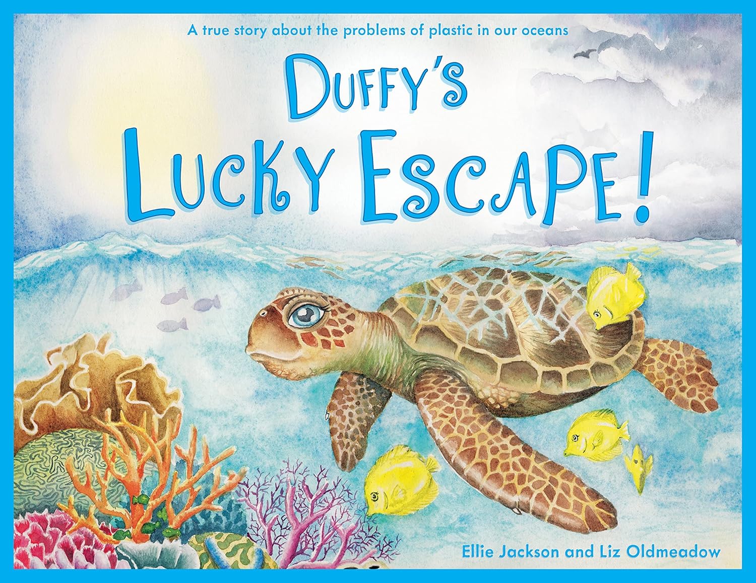 Book cover of 'Duffy's Lucky Escape!' with a turtle and fish in an ocean scene.