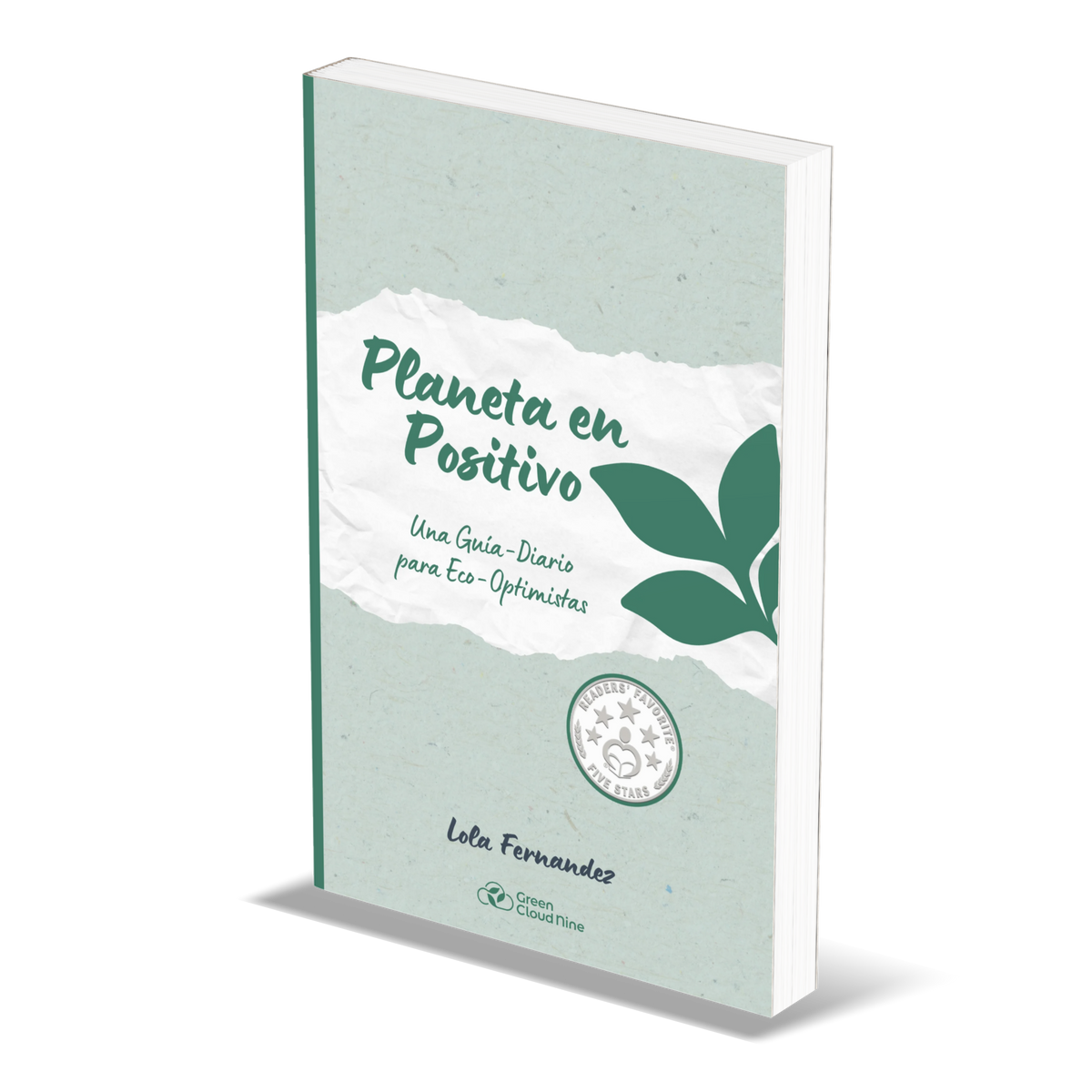Book titled 'Planeta en Positivo' with green leaves on a white background