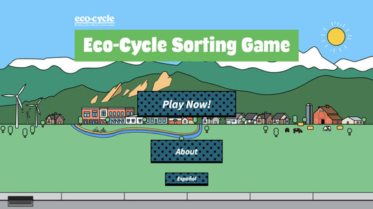 Eco-Cycle Sorting Game interface with a scenic background and interactive buttons.
