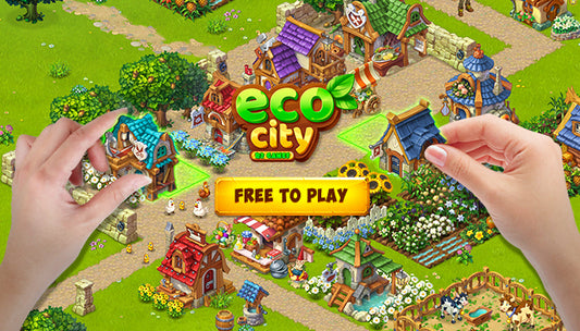 Screenshot of 'Eco City' game with a hand holding a phone, showing the game's interface.