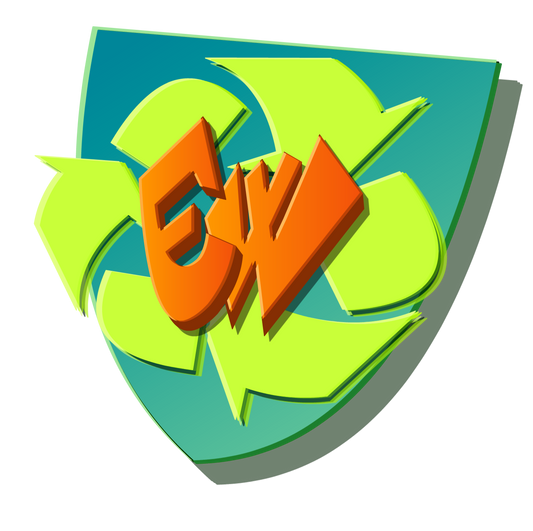 Colorful logo with 'EW' text on a green and blue background