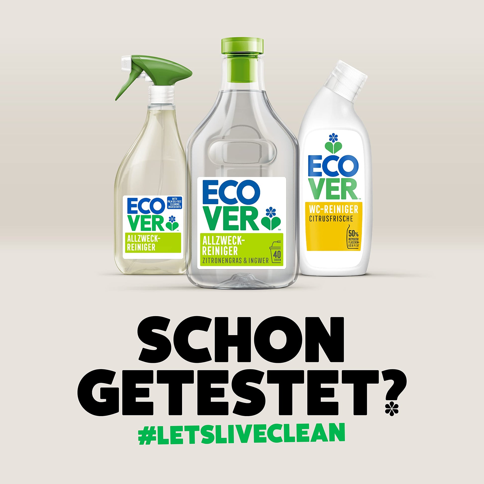 Ecover eco-friendly cleaning products, including all-purpose cleaner, spray, and toilet cleaner, with the hashtag #LETSLIVECLEAN