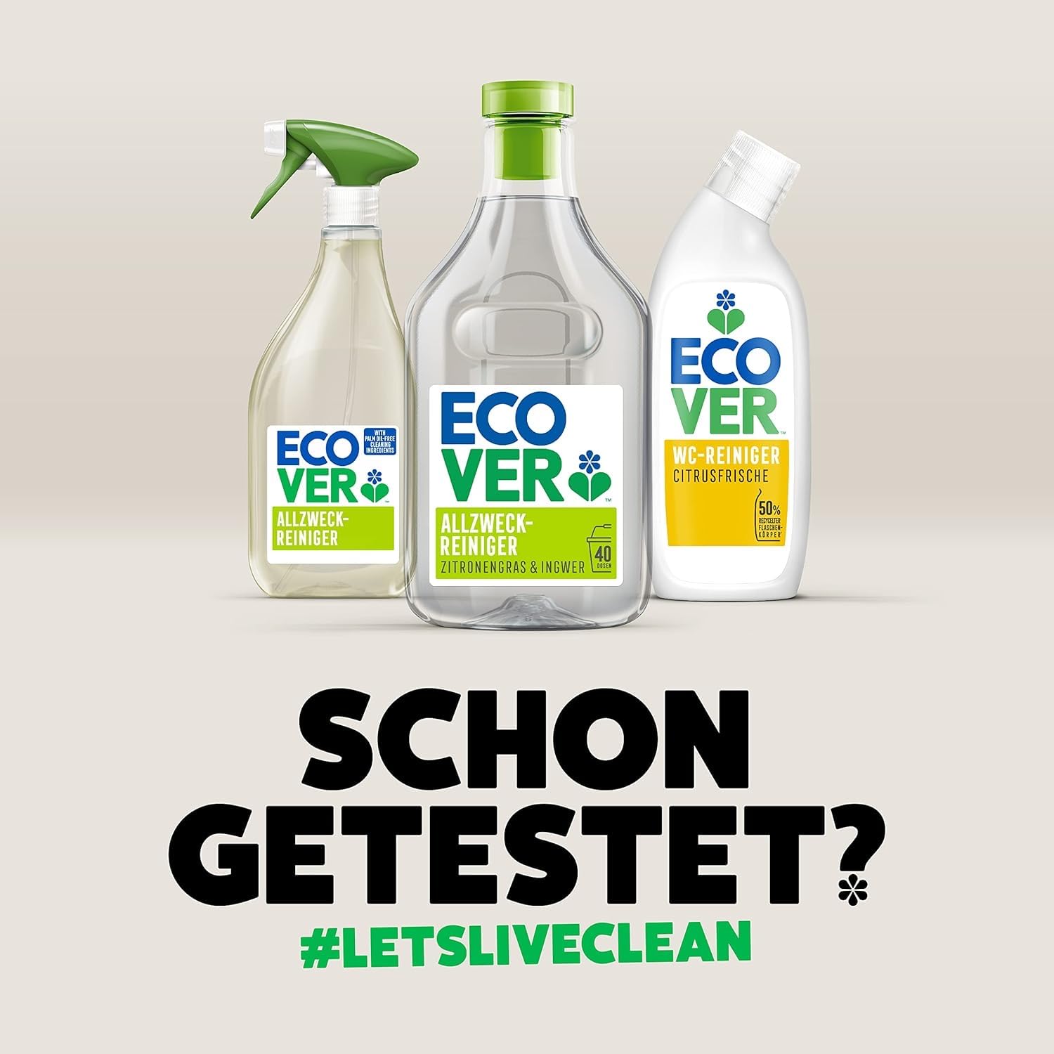 Ecover eco-friendly cleaning products, including all-purpose cleaner, spray, and toilet cleaner, with the hashtag #LETSLIVECLEAN