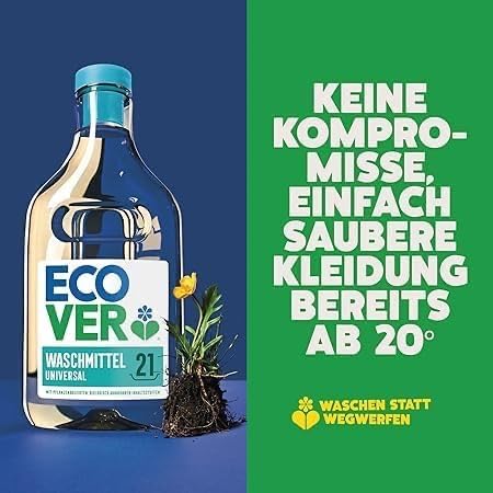 Ecover Universal Laundry Detergent in a sustainable bottle, promoting effective cleaning at 20°C