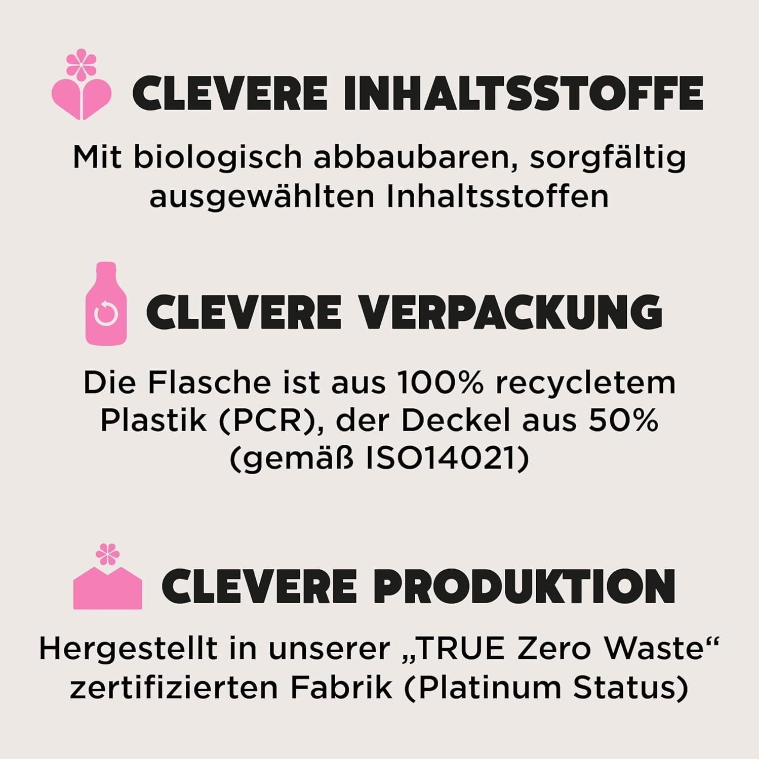 Ecover Universal Laundry Detergent highlights biodegradable ingredients, 100% recycled plastic bottles, and TRUE Zero Waste certified production