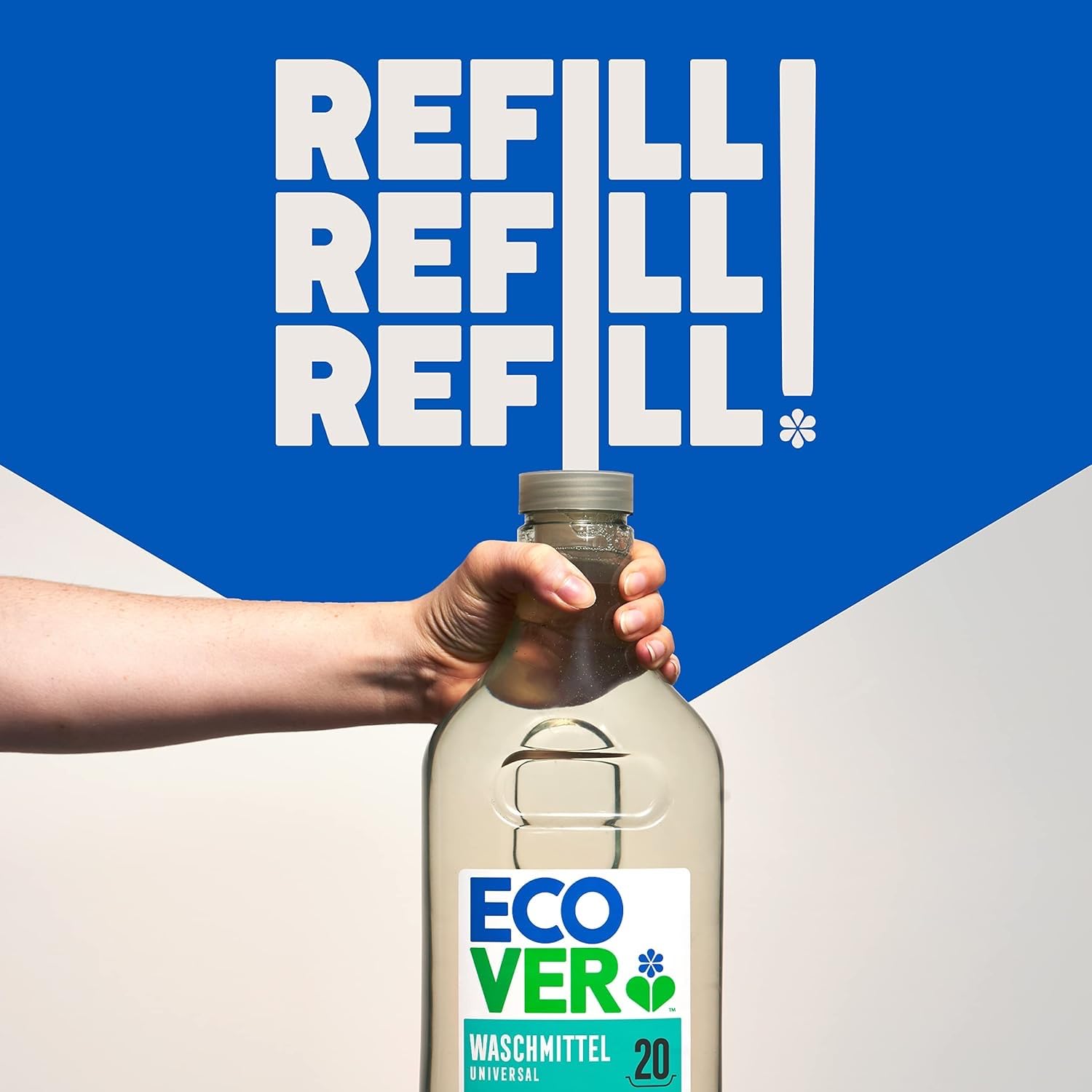 A hand holding Ecover Universal Laundry Detergent with a bold 'Refill' message