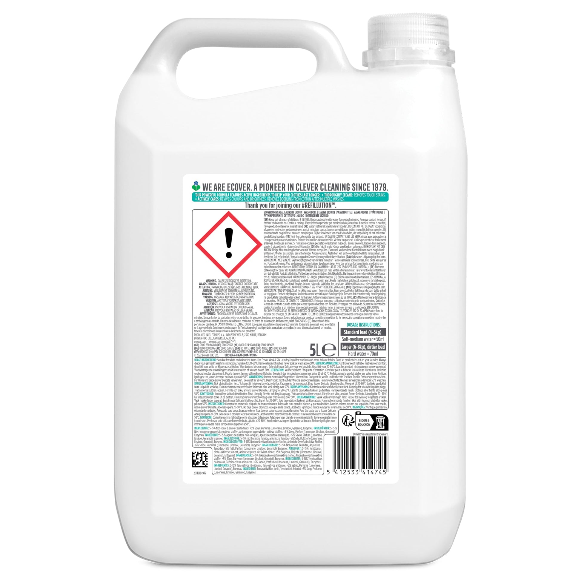  Ecover Universal Laundry Liquid Refill back in a sustainable bottle using 29% less plastic.