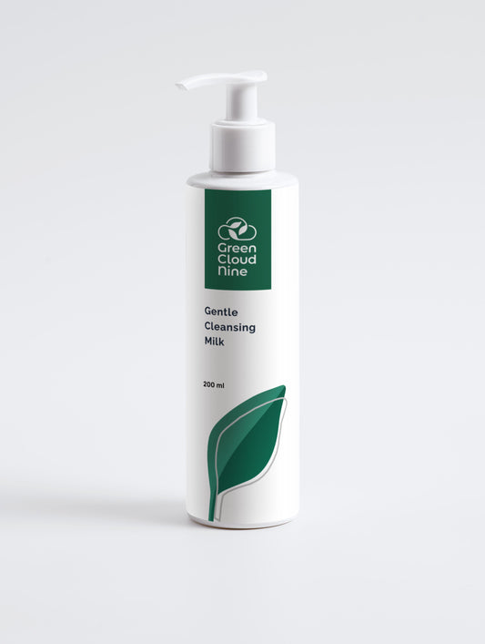 Gentle Cleansing Milk in a white bottle with Green Cloud Nine logo, and a green leaf (front).