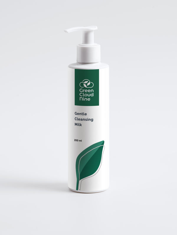 Gentle Cleansing Milk in a white bottle with Green Cloud Nine logo, and a green leaf (front).