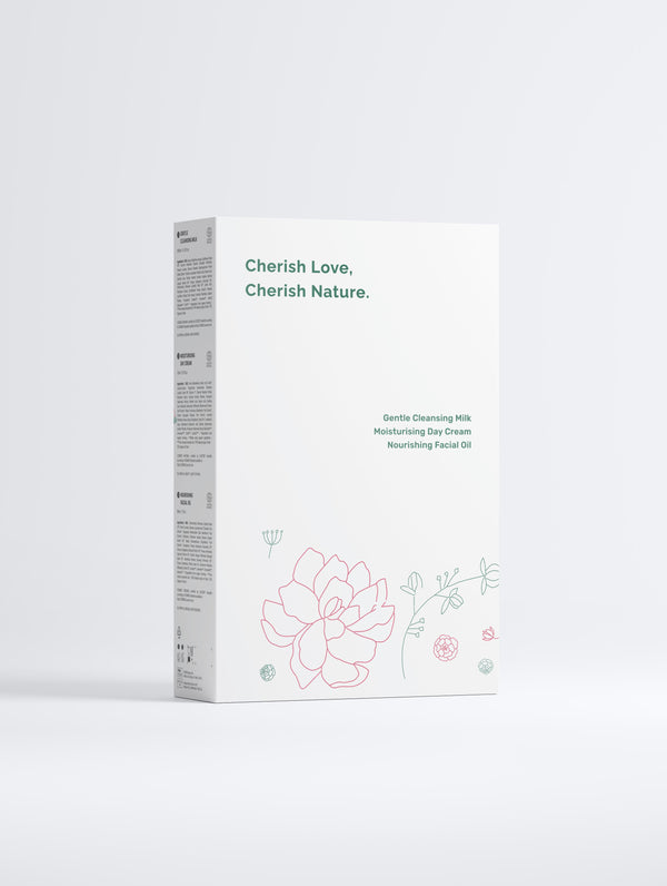Glowy Skin Trio Collection Box packaging with floral design and text on a white background (Back)
