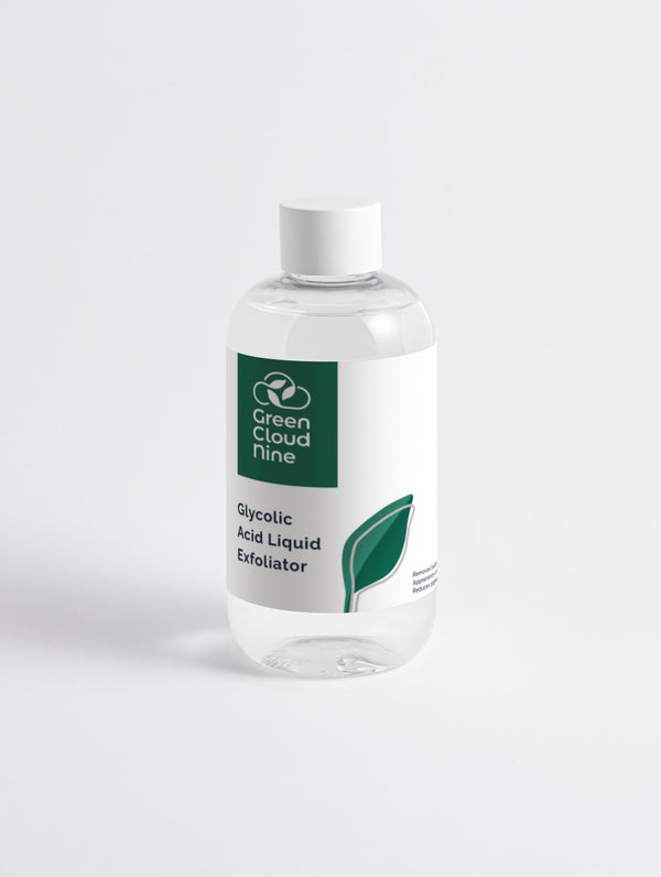 Glycolic Acid Exfoliating Toner by Green Cloud Nine in a clear bottle with white label on white background.