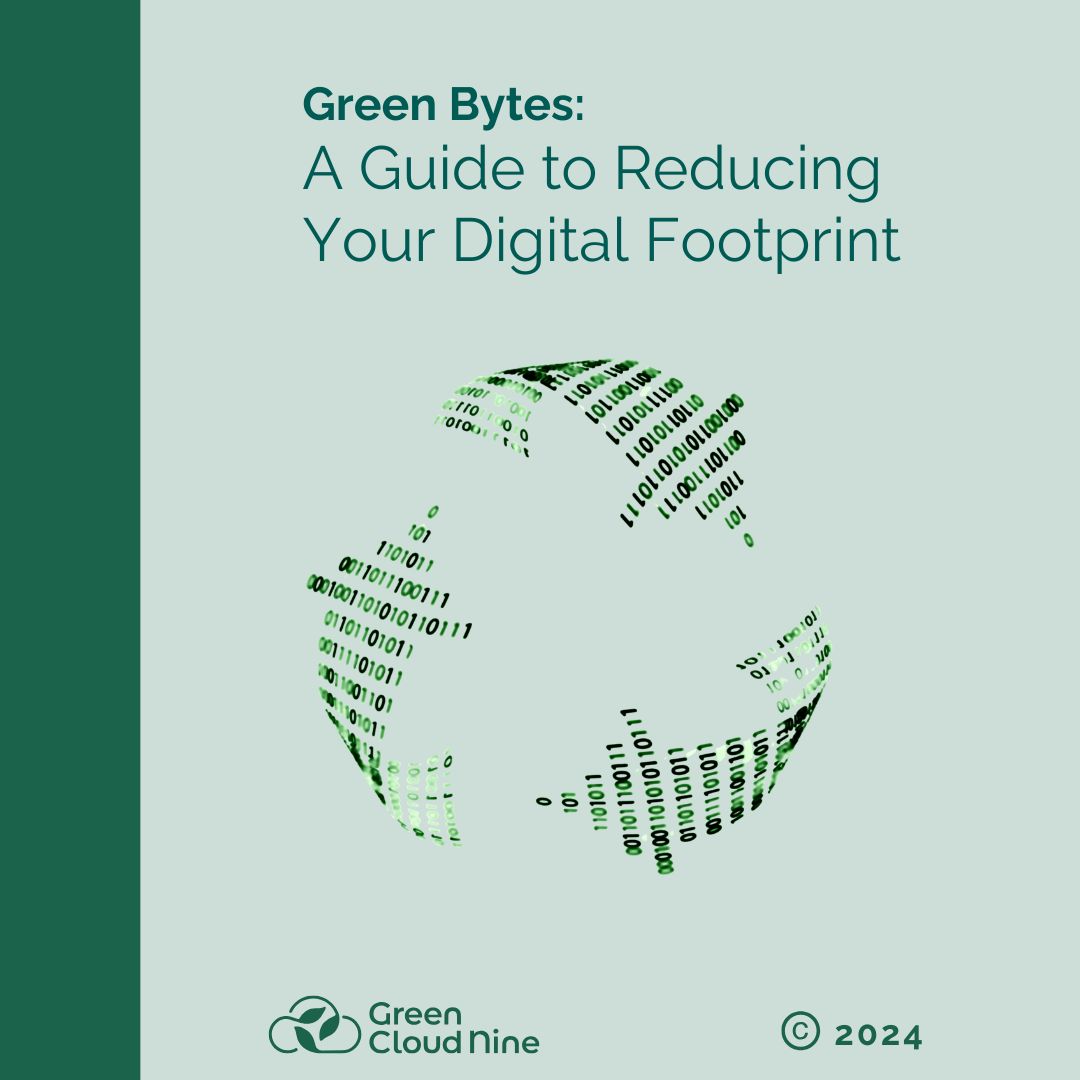 Cover of "Green Bytes" by Green Cloud Nine, featuring a recycling symbol made of binary code, promoting a greener digital lifestyle