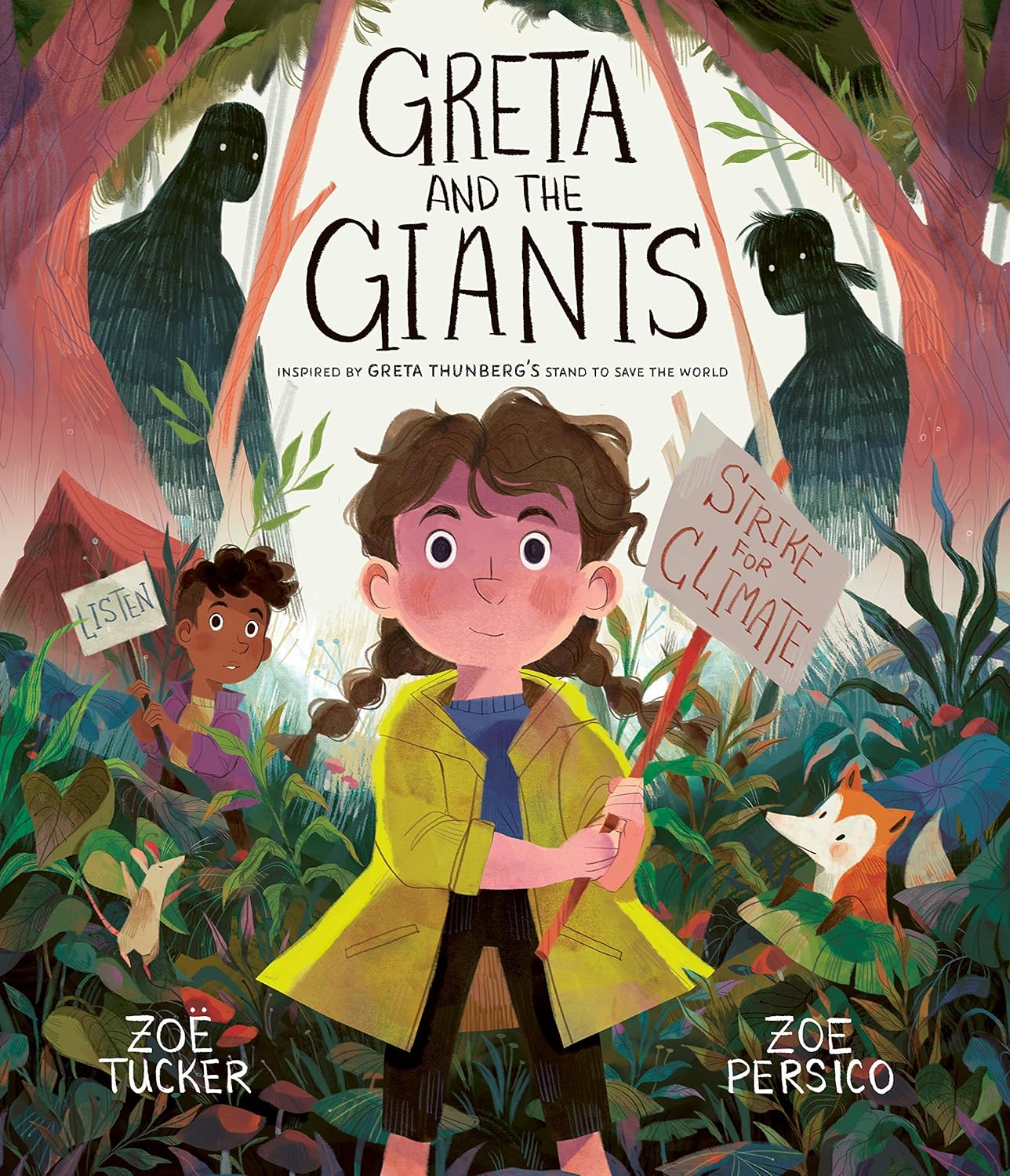 Book cover of 'Greta and the Giants' with two children holding signs in a forest setting.