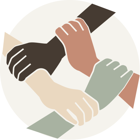 Illustration of four hands of different skin tones held together in a circle on a white background. For KIND Rituals