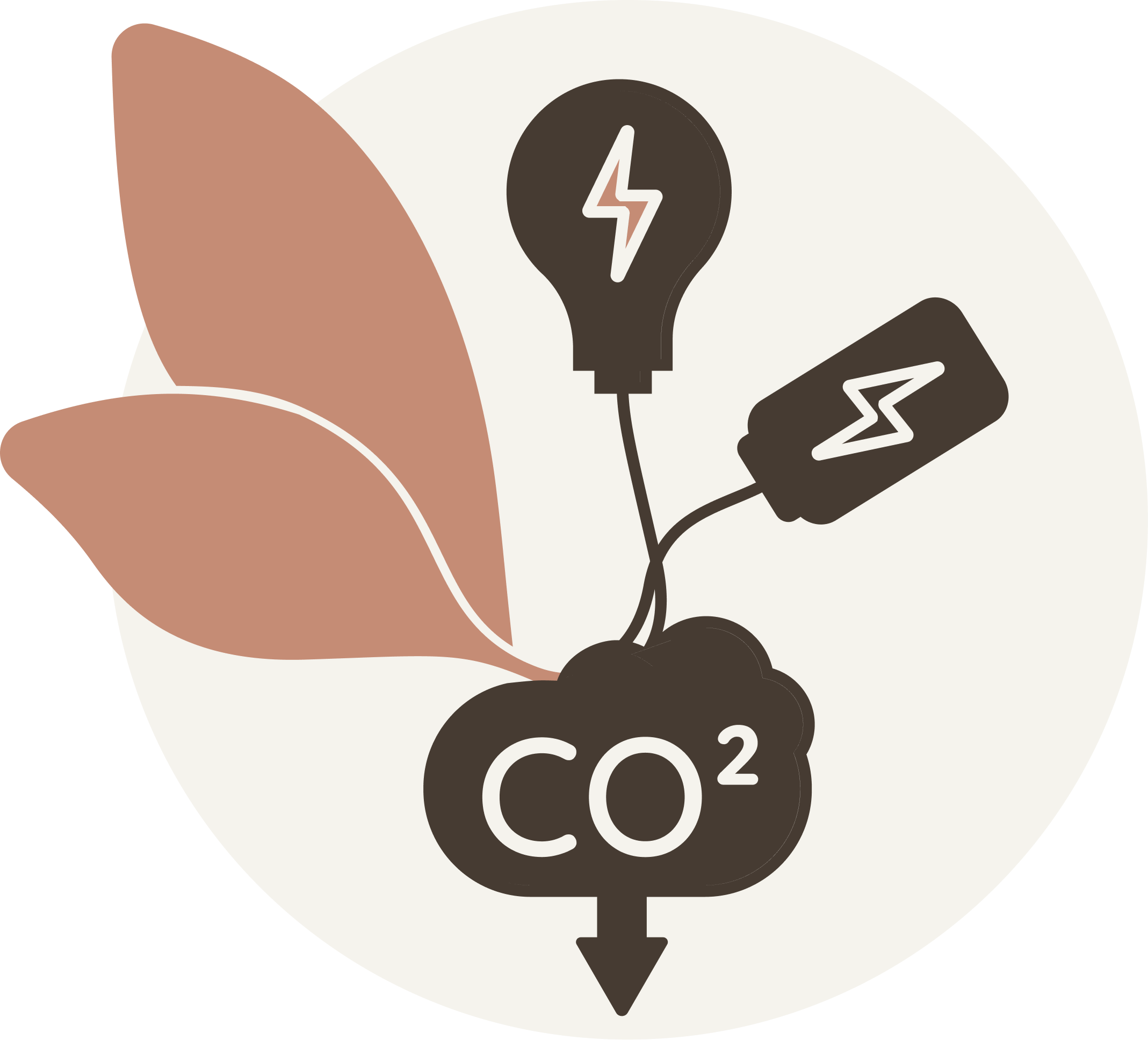 Illustration of a light bulb, CO2 symbol, and lightning bolt on a white background. For KIND Rituals